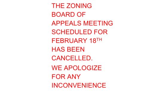 PZBA MEETING CANCELLED